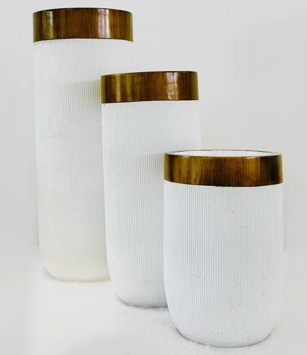 Vases Blancs avec Bordure en Bois